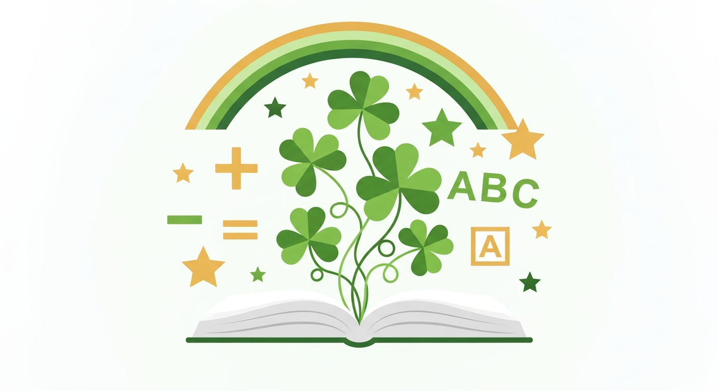 St. Patrick's Day themed educational activities with shamrocks, books, and colorful learning materials