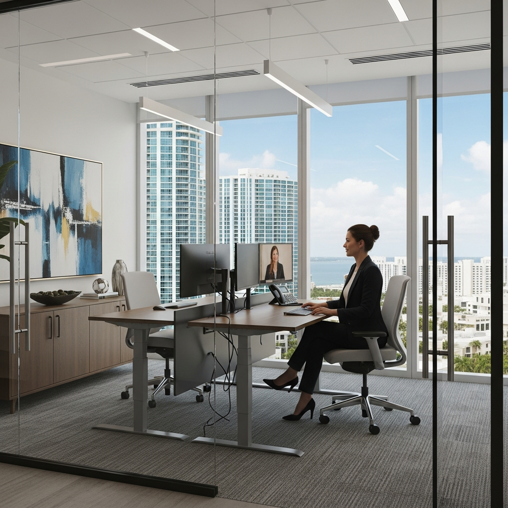 Corner office with dual monitors