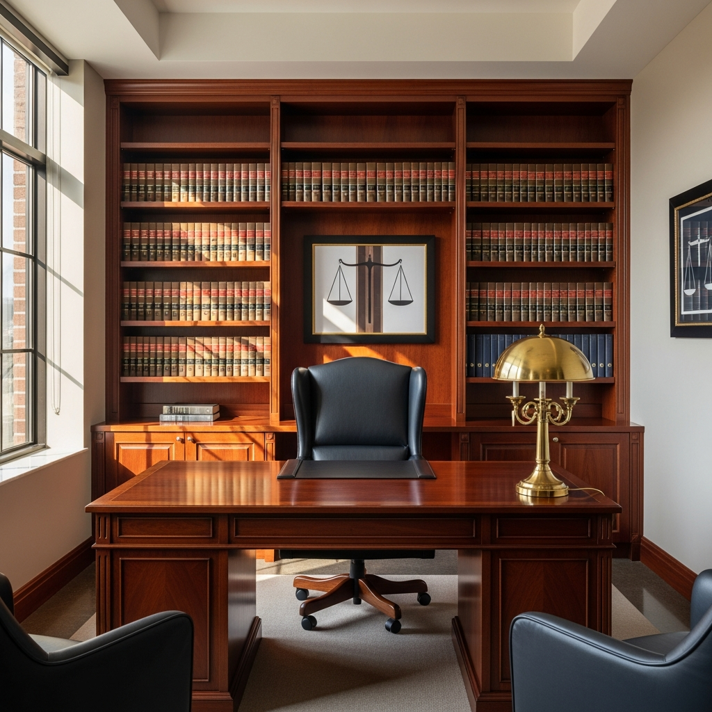 Attorney private office with law books
