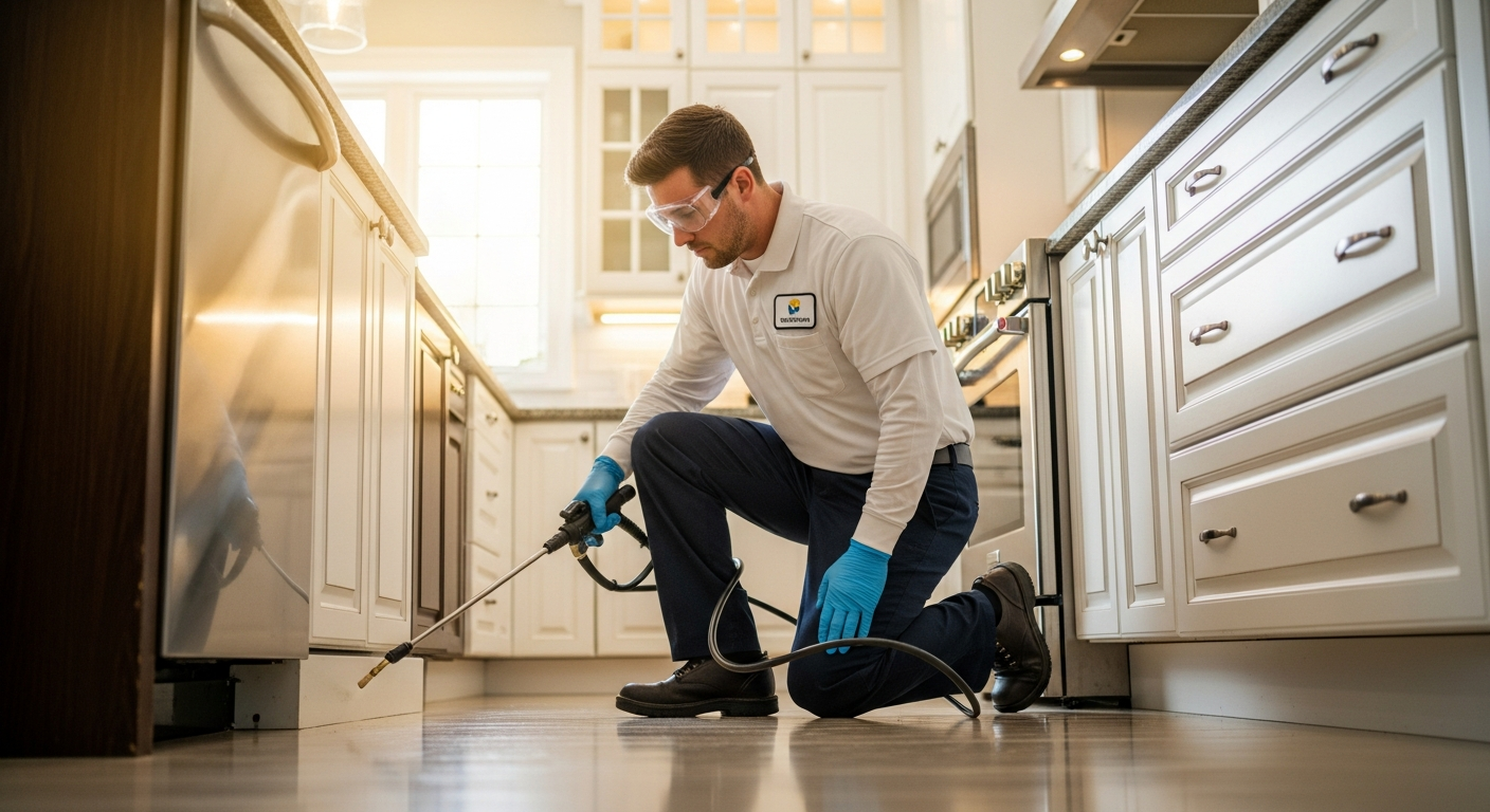 Professional pest control technician treating a home