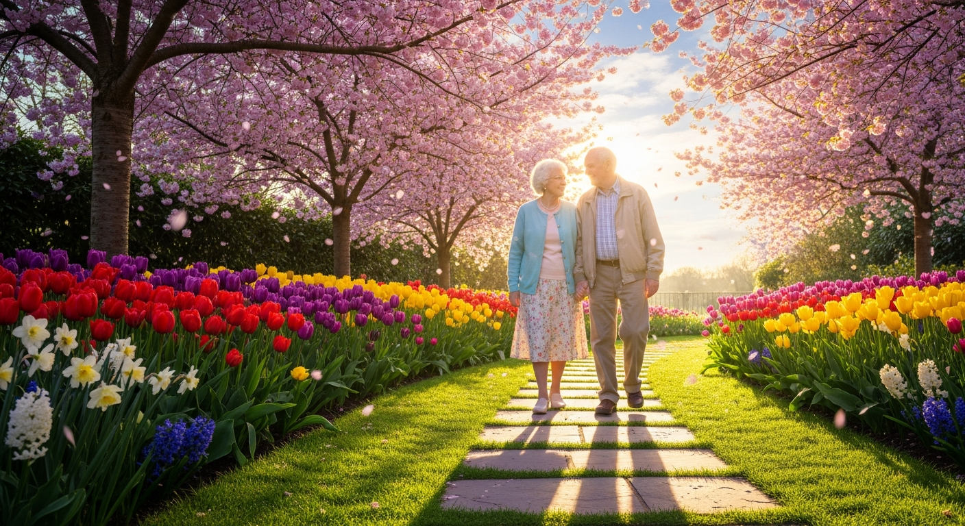 Senior couple enjoying a spring walk through a blooming garden