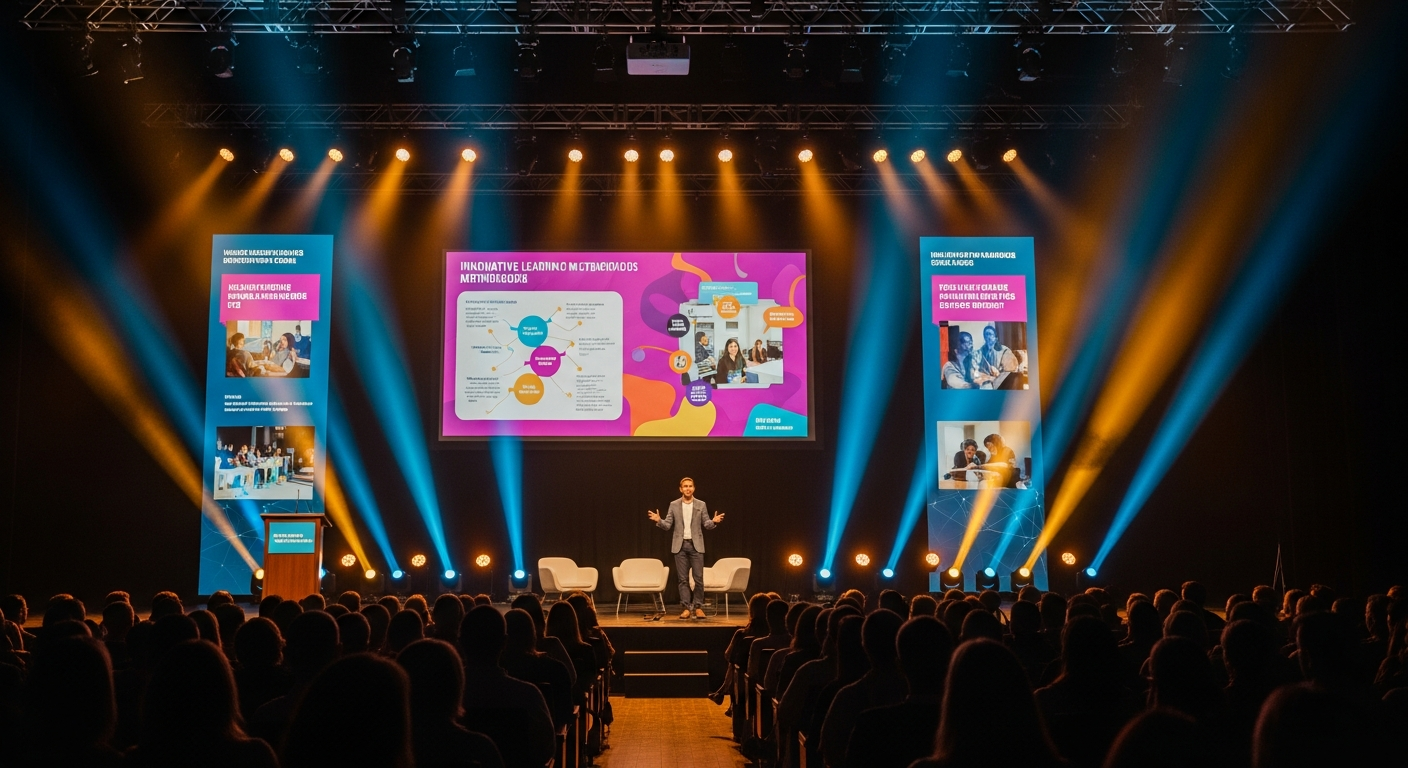 Keynote speaker on stage at an education conference