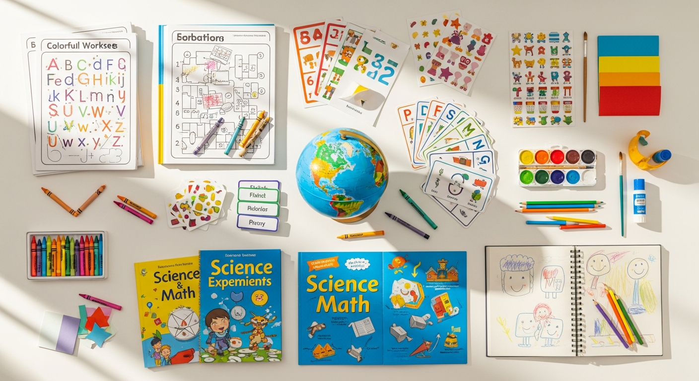 Educational family activity materials arranged on a surface