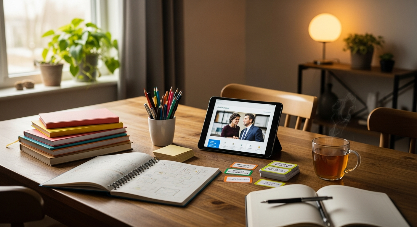 Home learning environment with educational materials on a table