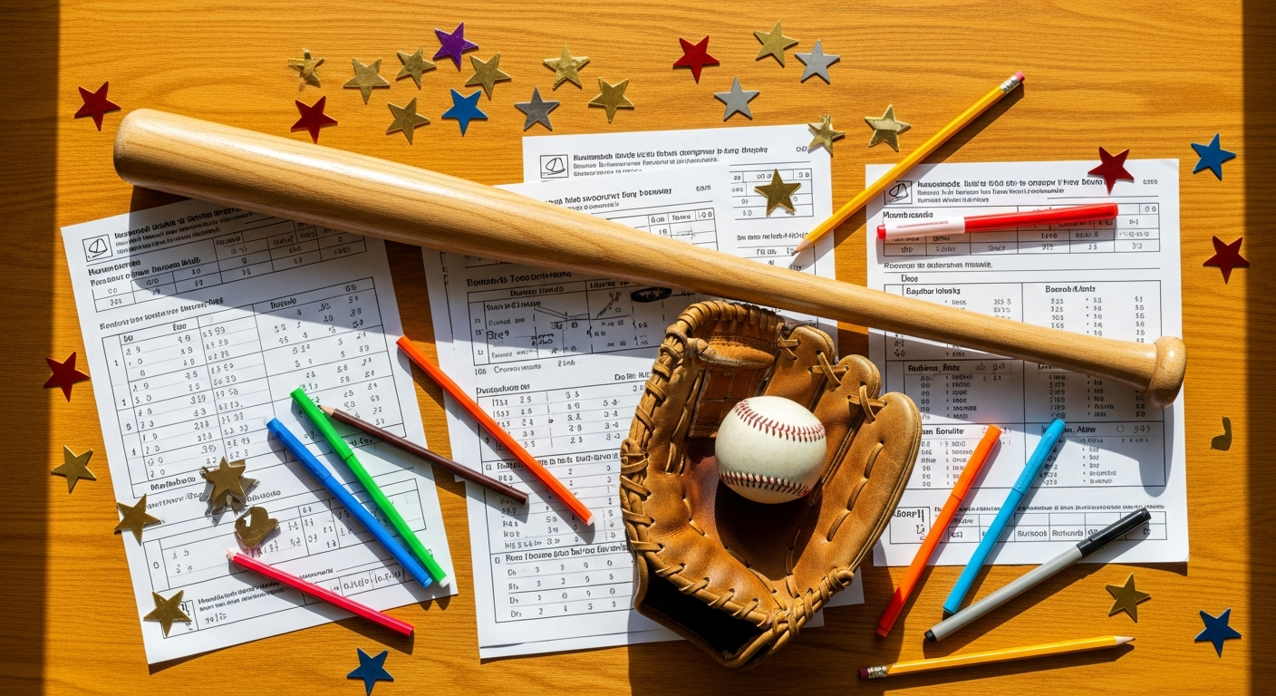 Baseball-themed classroom materials on a desk