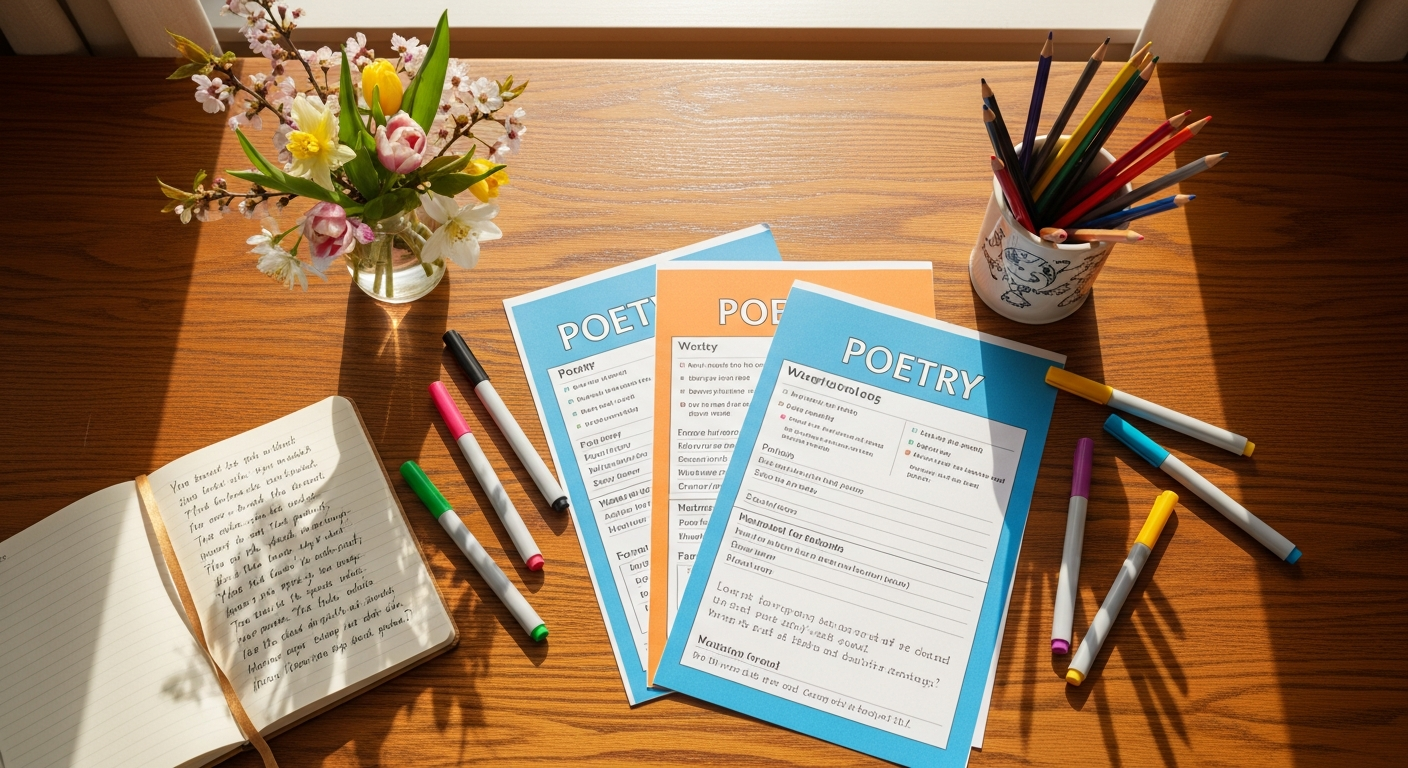 Poetry classroom materials flat lay