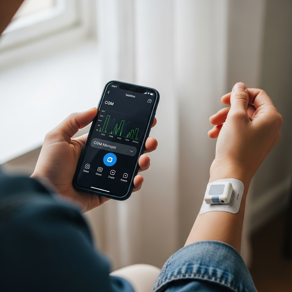 CGM lifestyle - person with sensor checking phone