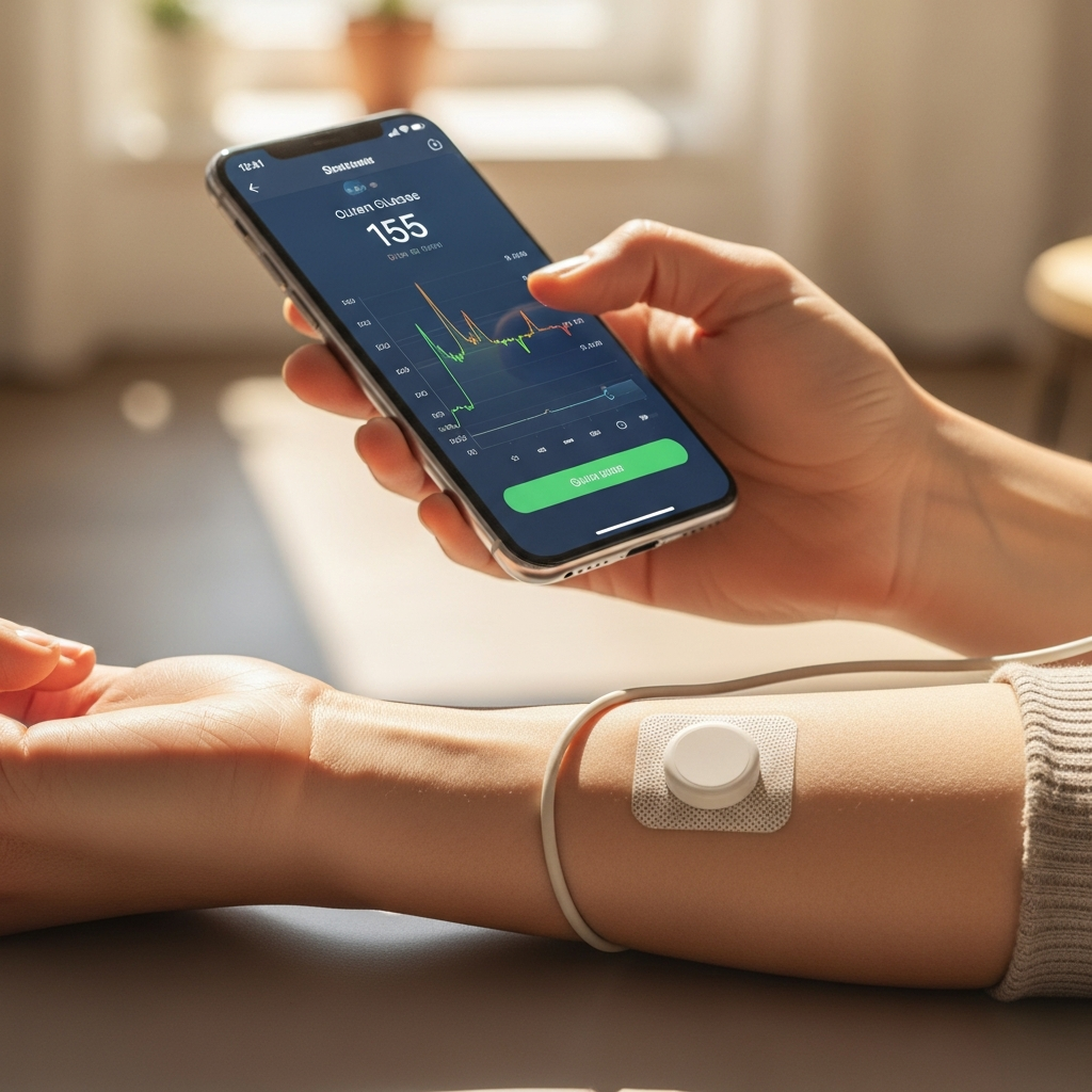 CGM close-up on arm with phone