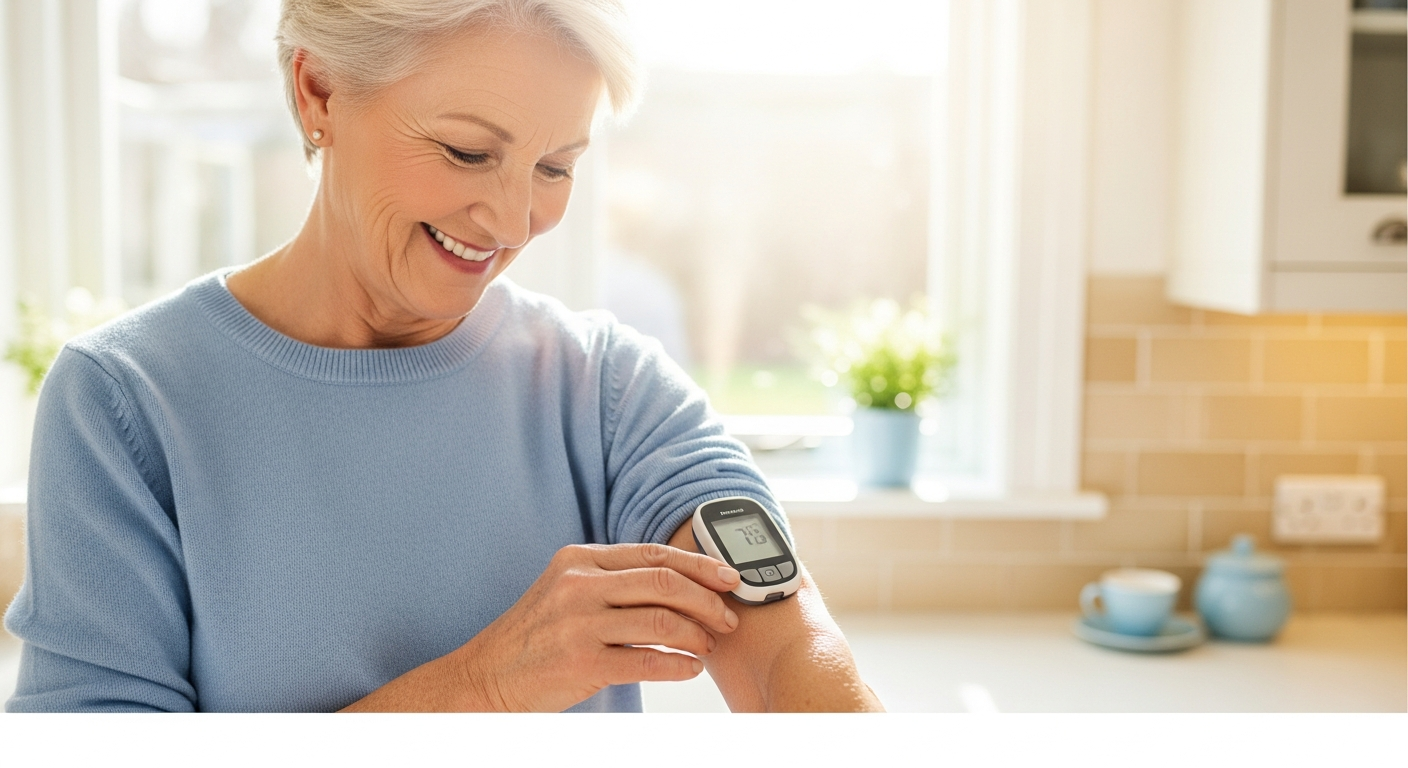 Senior checking glucose monitor in sunlit kitchen