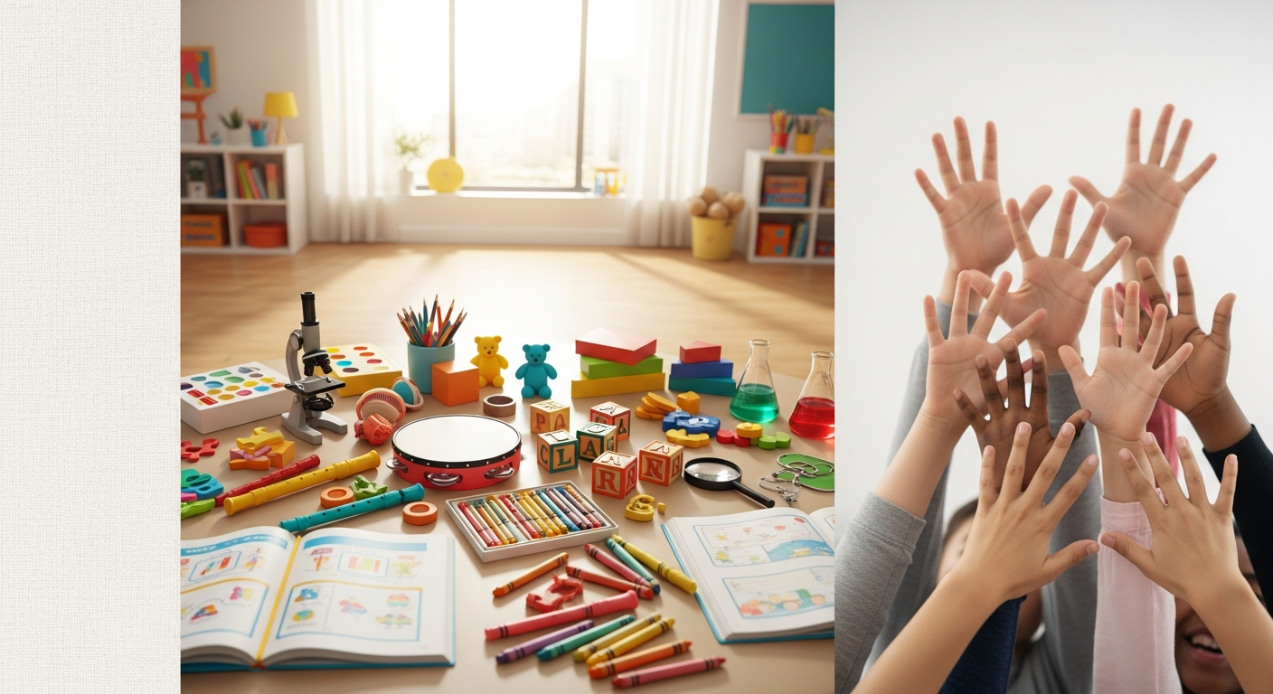 Teachertainment LinkedIn Banner - Warm flat-lay classroom materials and children