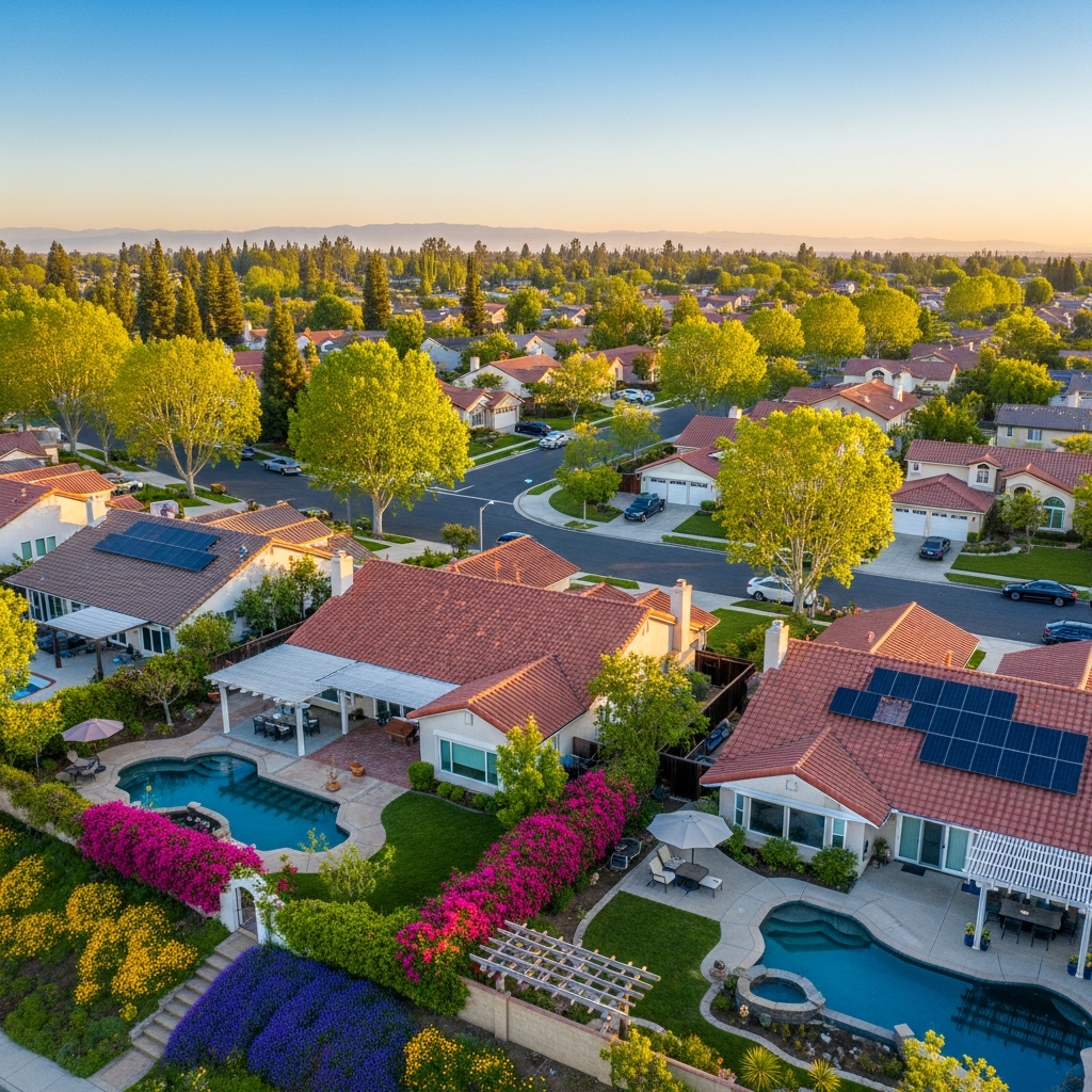 Aerial view of protected California neighborhood in spring