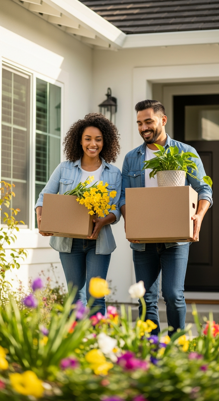 Family moving into new home in spring with fresh start energy