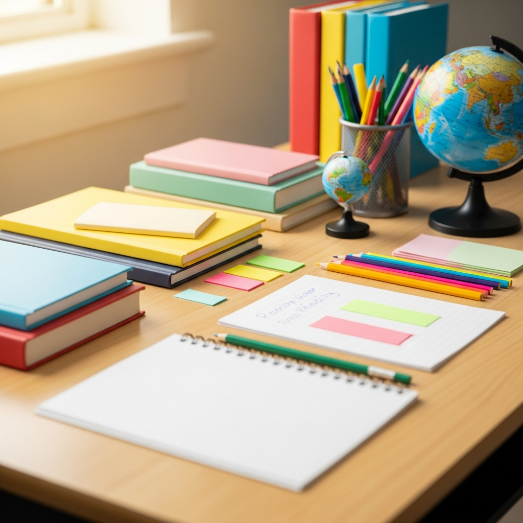 Library themed flat lay