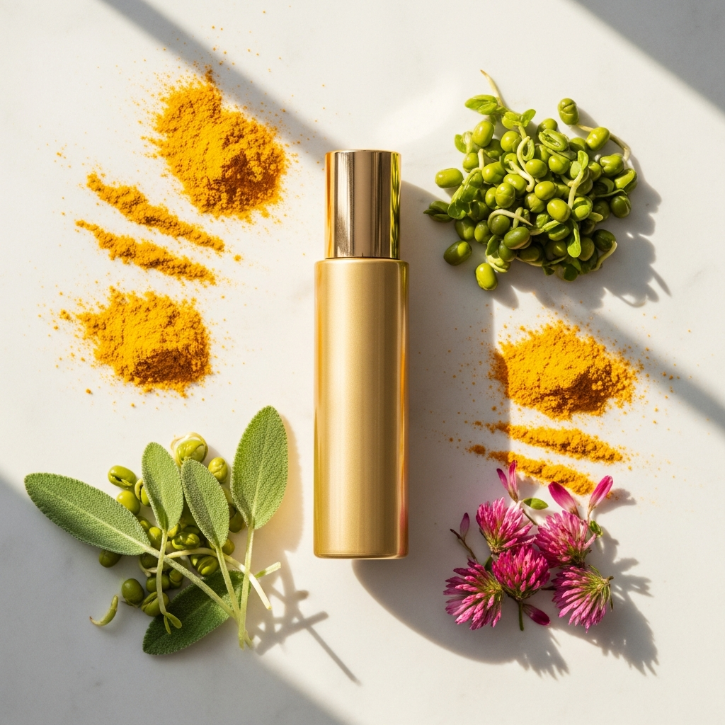 Vegamour GRO Hair Serum product flat lay with botanical ingredients