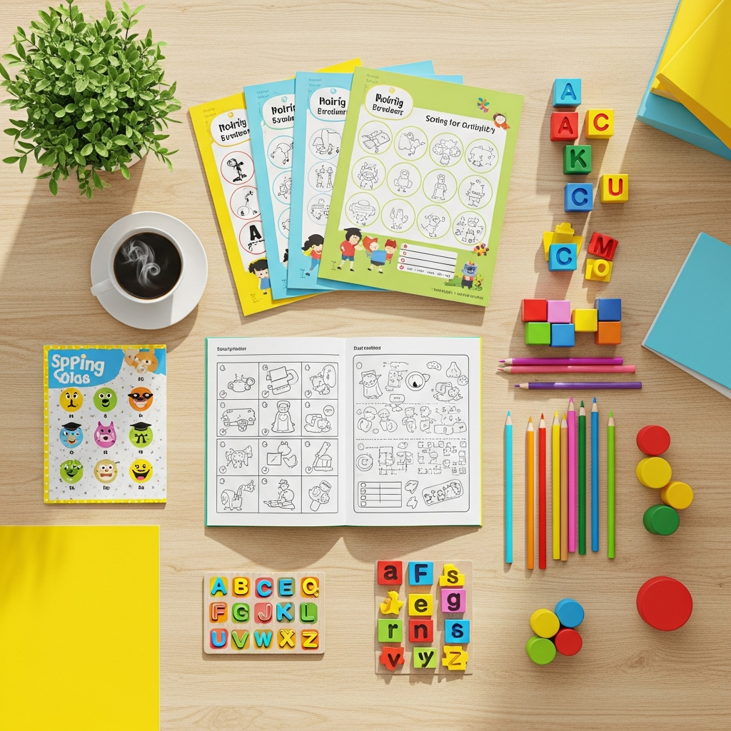 Educational worksheets flat lay