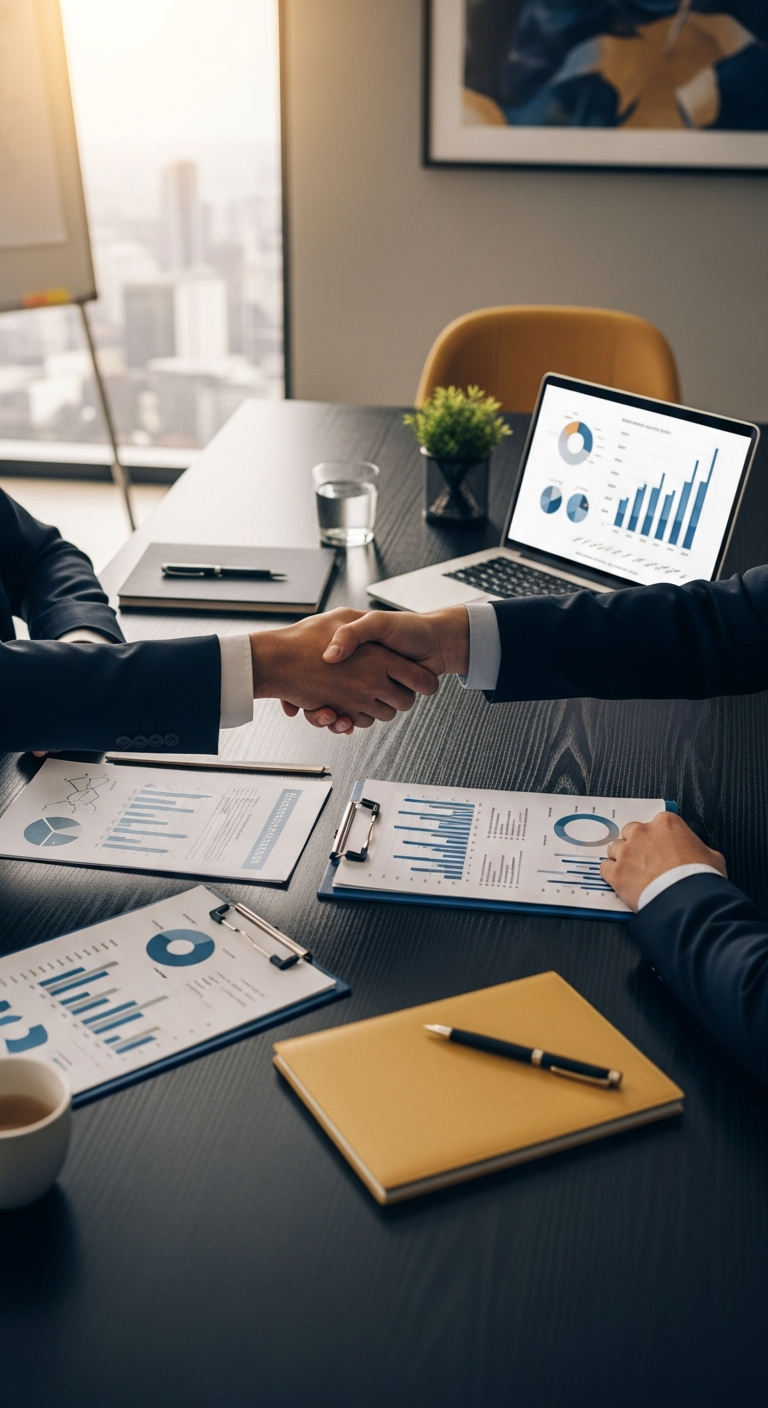 Business handshake over financial documents