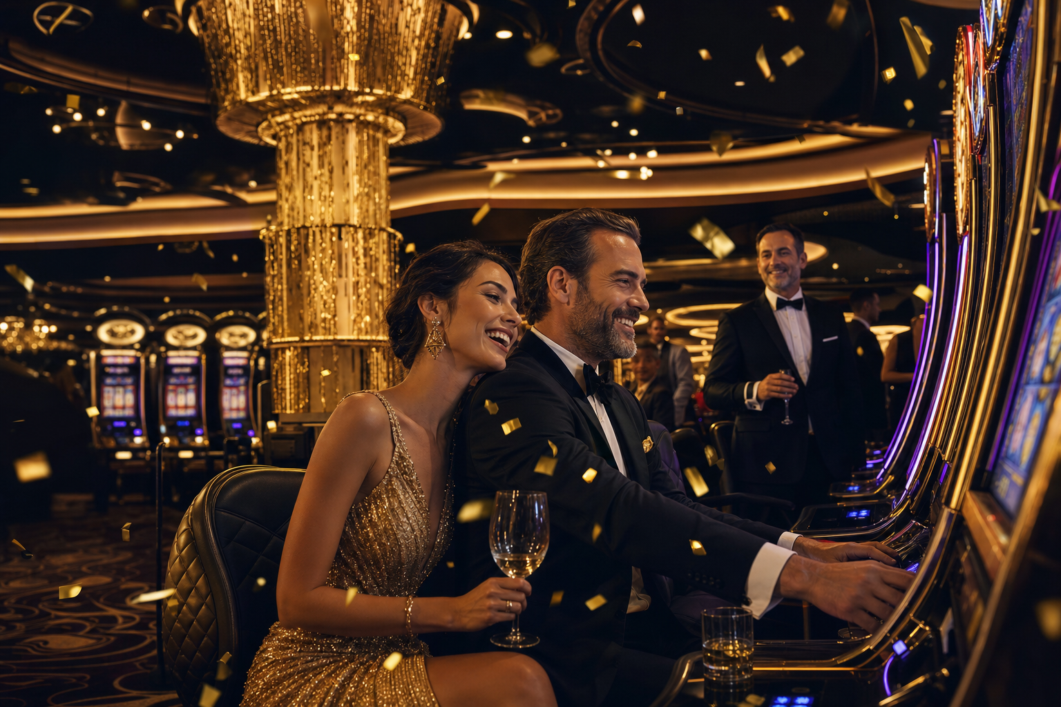 Premium casino floor with golden lighting