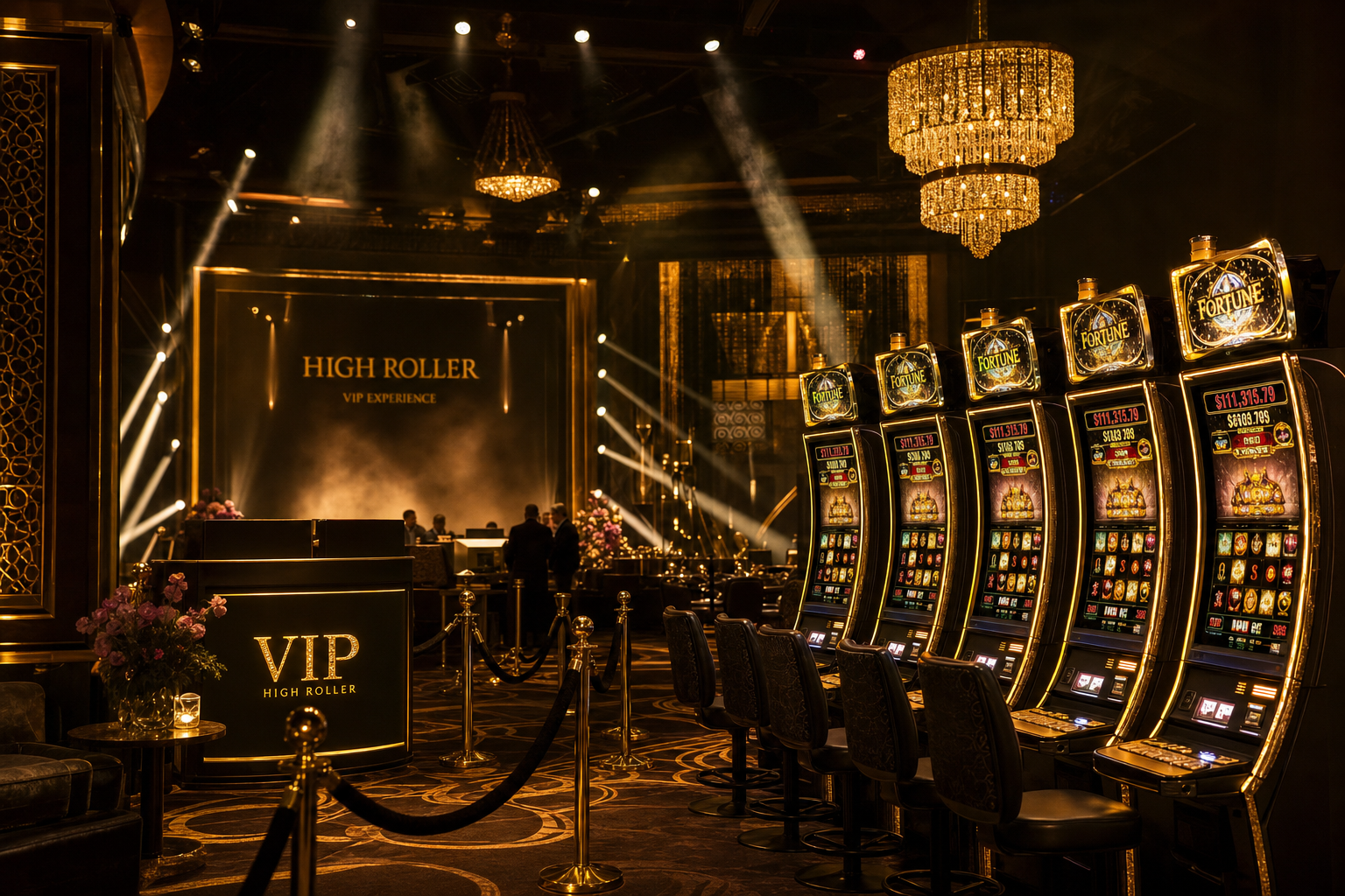 Luxury casino VIP event with golden lighting