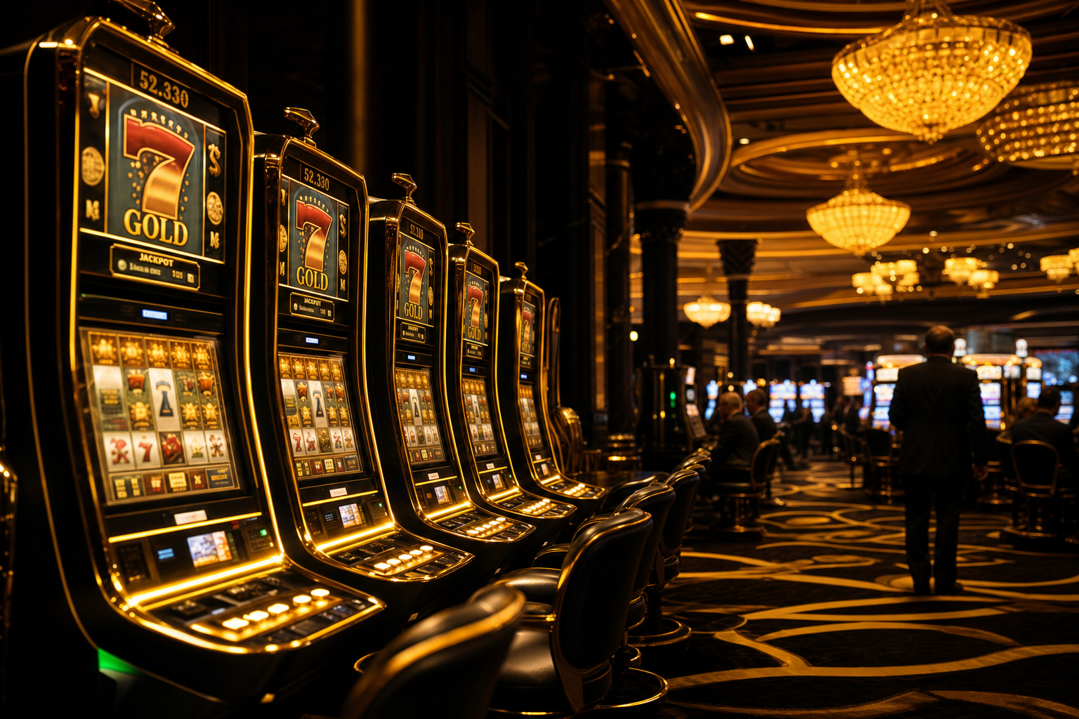 Casino floor with golden slot machines