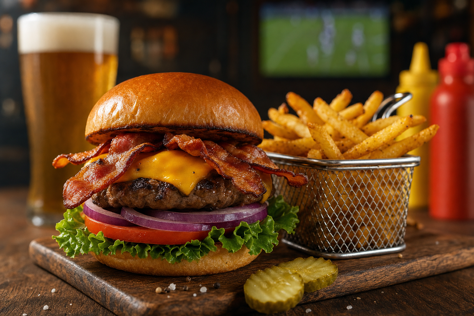 Gourmet burger with bacon and fries