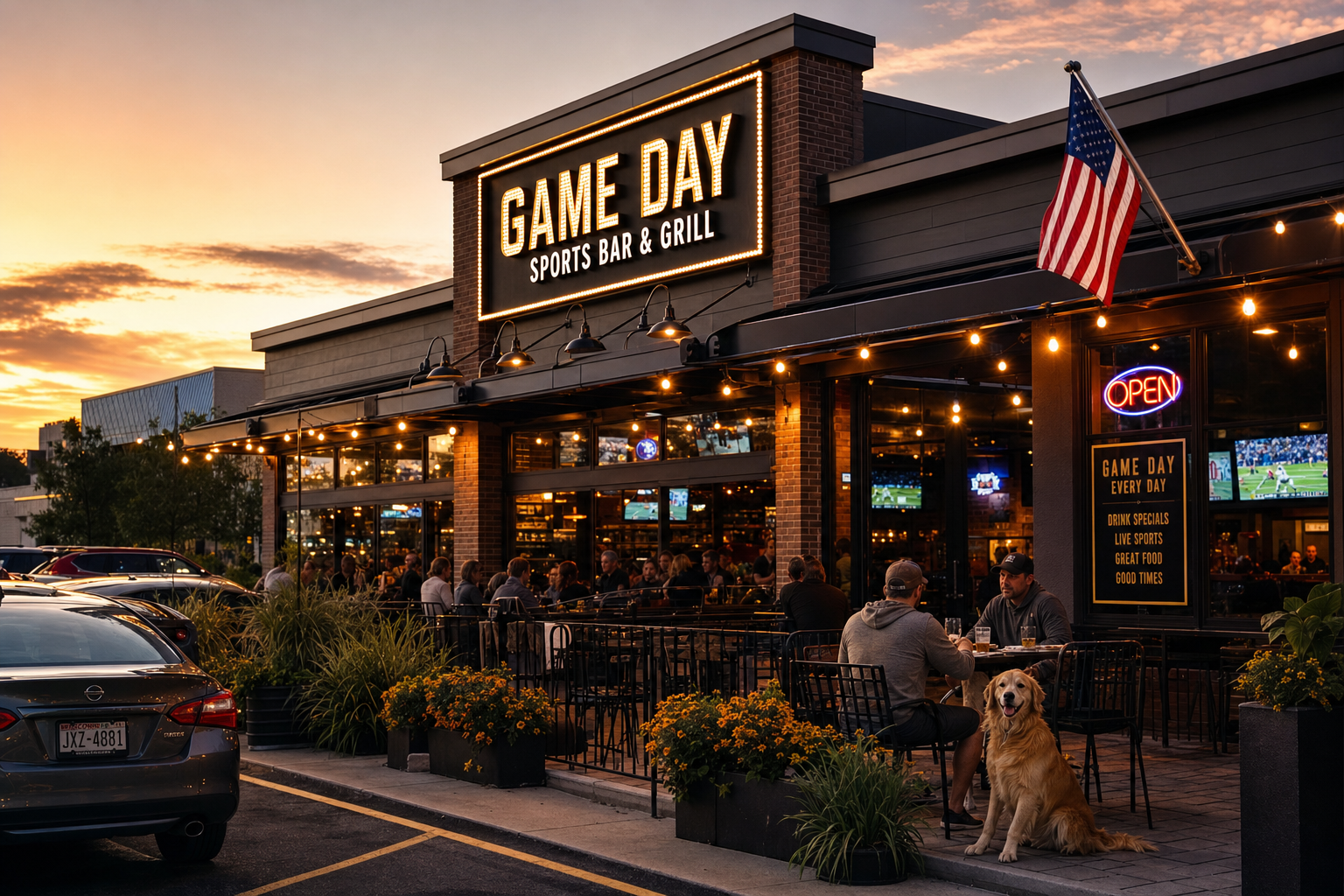 Ugly Dog Sports Cafe exterior with patio and dog-friendly seating