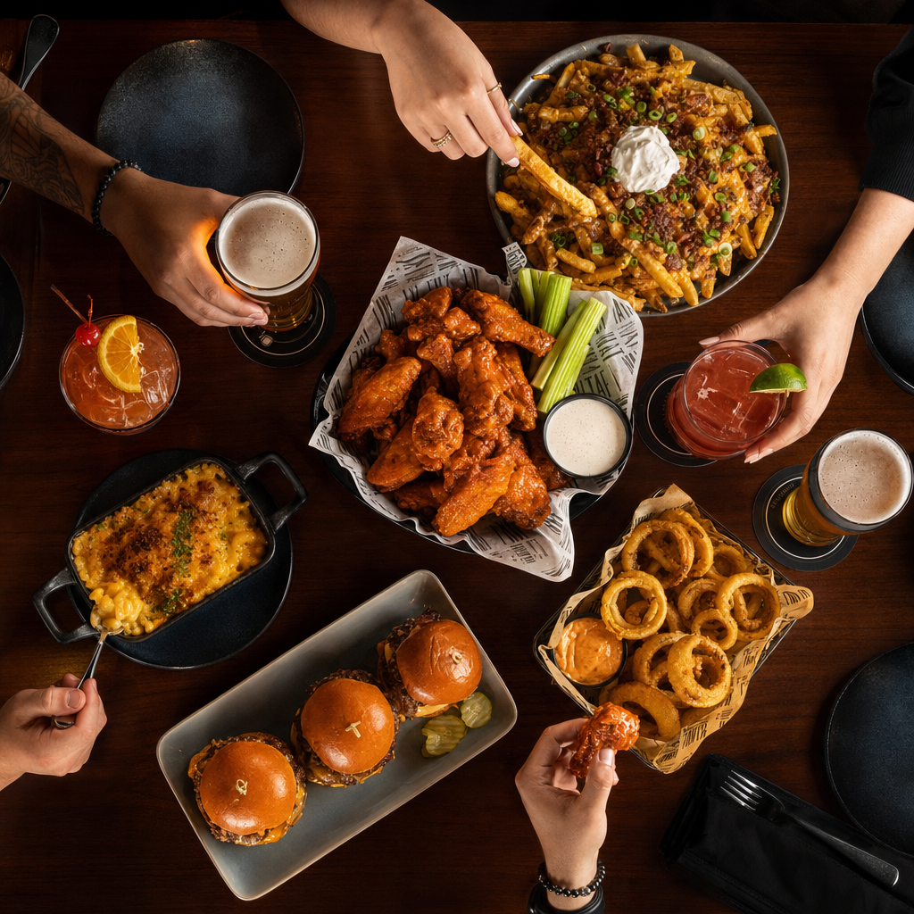 Bar table spread with wings, fries, and beer
