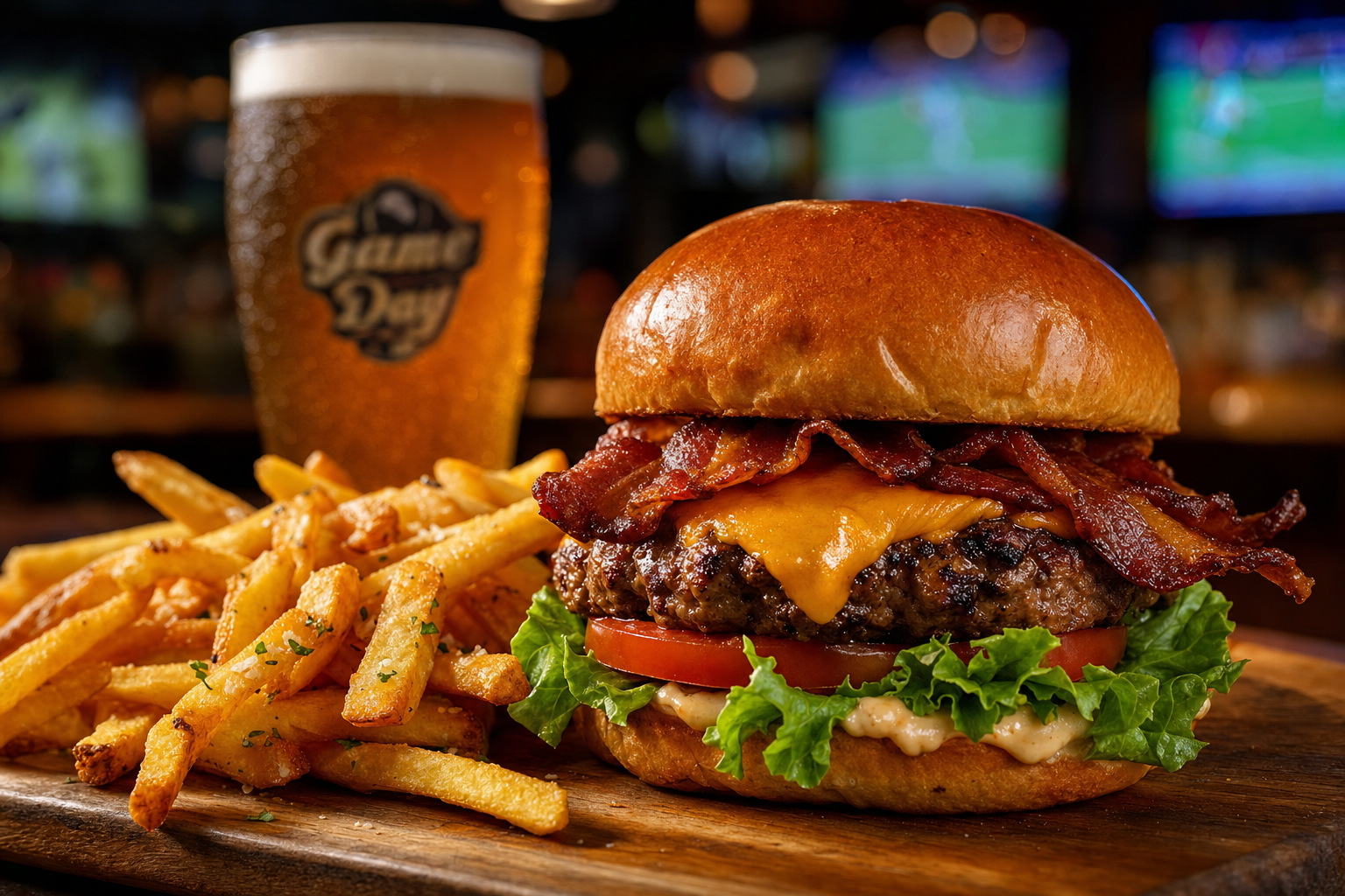 Premium loaded burger with fries and craft beer at Ugly Dog Sports Cafe