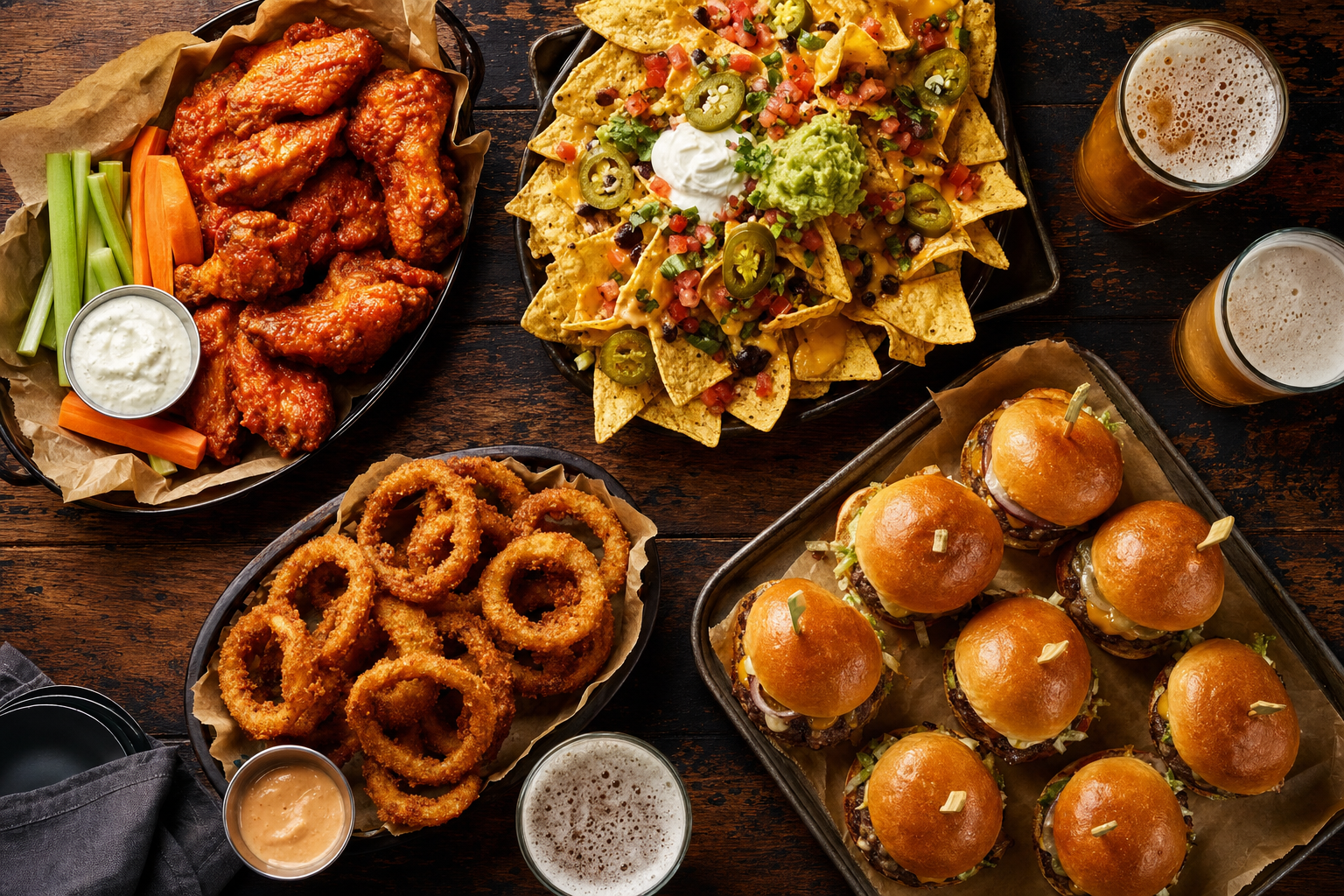 Ugly Dog Sports Cafe food spread — wings, nachos, sliders, and craft beer