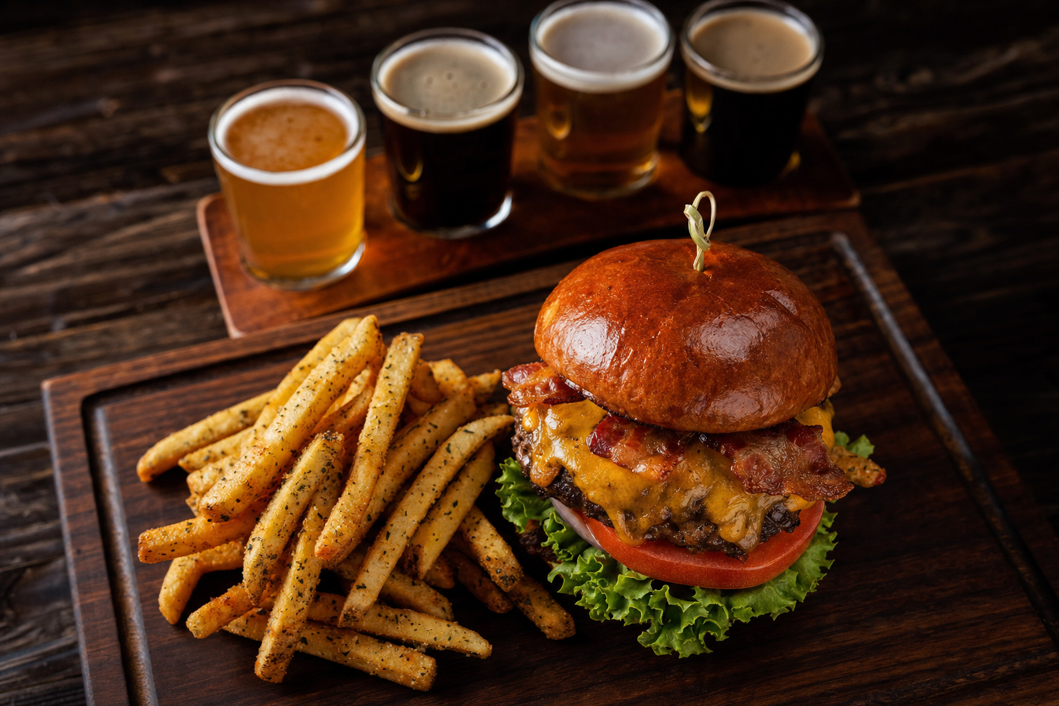 Gourmet burger with fries at Ugly Dog Sports Cafe