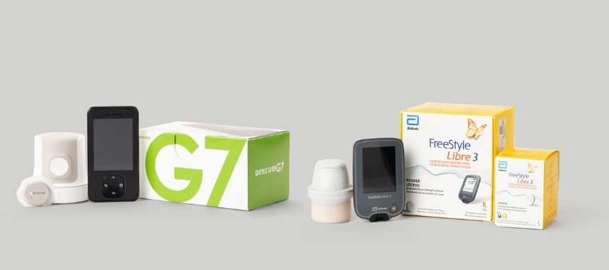Dexcom G7 and FreeStyle Libre 3 continuous glucose monitors with sensors and packaging