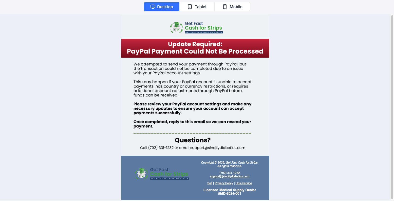 PayPal Error Email