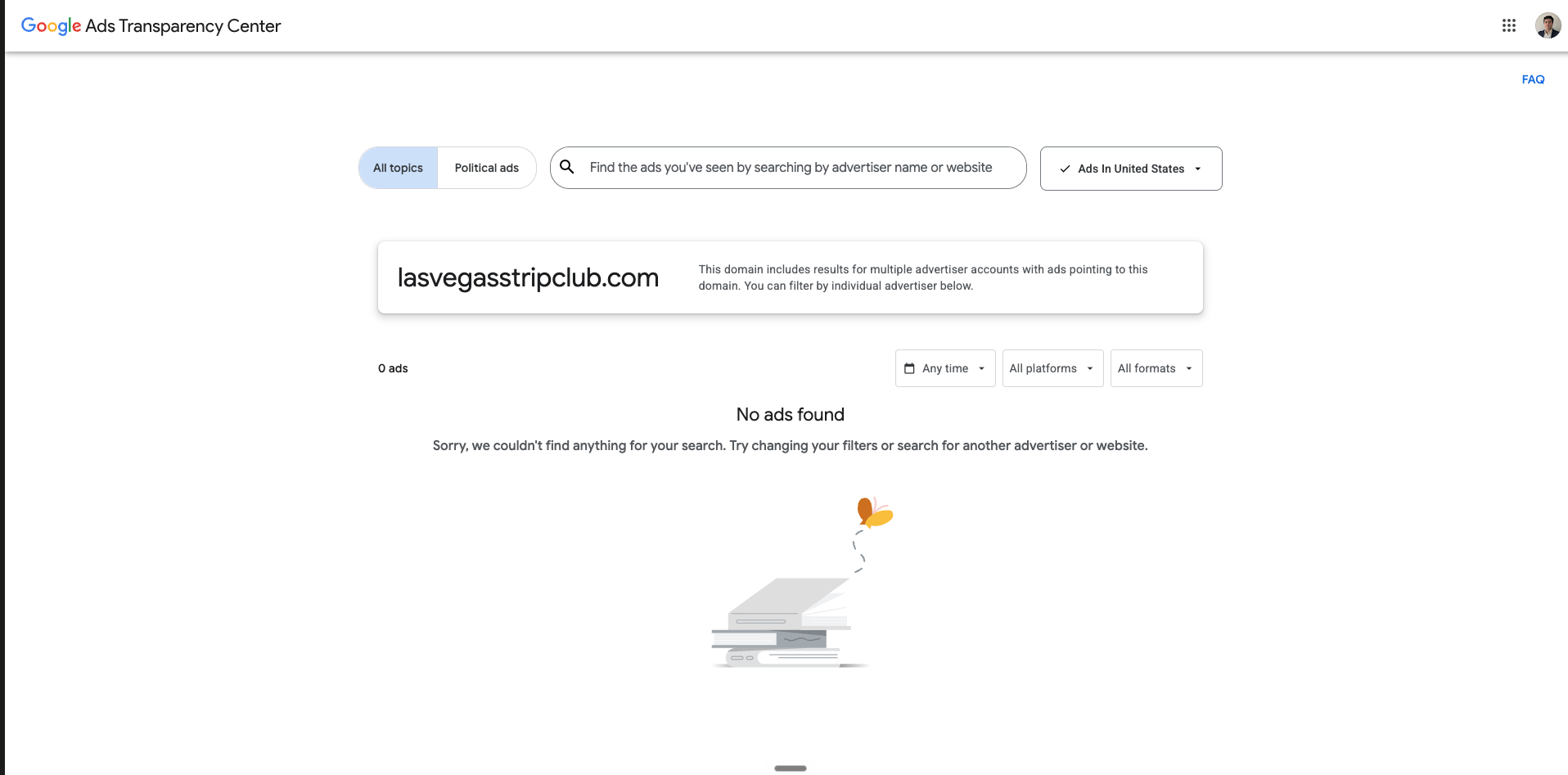 Google Ads Transparency Center showing no ads for lasvegasstripclub.com