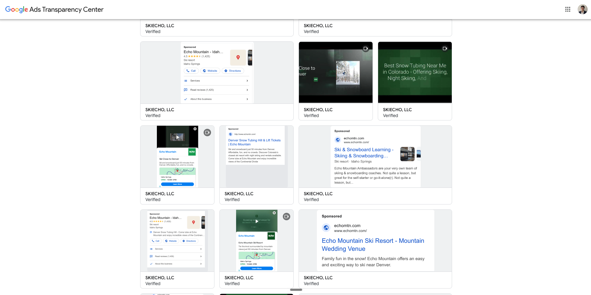 Google Ads Transparency Center showing competitor ski resort ads from SKIECHO LLC